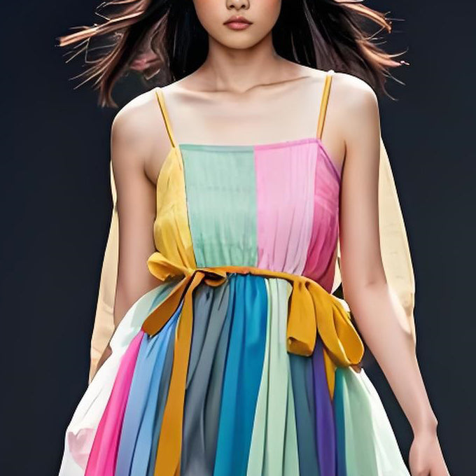 Women Colorblock Patchwork Cotton Spaghetti Strap Dress Sleeveless