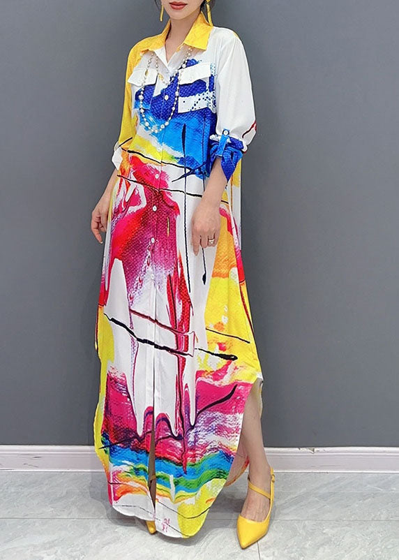 Women Colorblock Peter Pan Collar Print Button Maxi Shirts Dress Fall