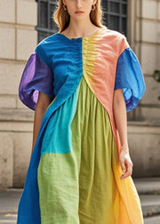 Women Colorblock Puff Sleeve Patchwork Wrinkled Cotton Long Dresses