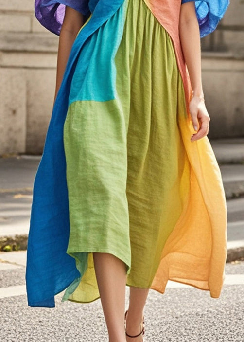 Women Colorblock Puff Sleeve Patchwork Wrinkled Cotton Long Dresses