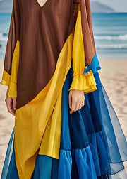 Women Colorblock Ruffled Chiffon Patchwork Cotton Dress Long Sleeves