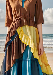 Women Colorblock Ruffled Chiffon Patchwork Cotton Dress Summer