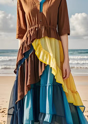 Women Colorblock Ruffled Chiffon Patchwork Cotton Dress Summer