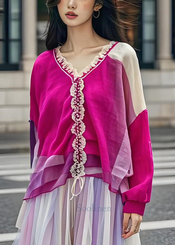 Women Colorblock Ruffled Patchwork Cotton Tops Long Sleeve