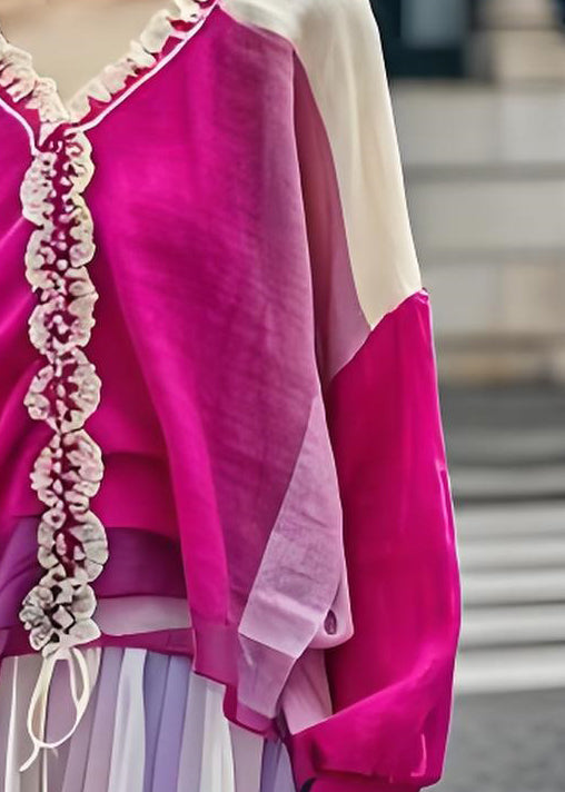 Women Colorblock Ruffled Patchwork Cotton Tops Long Sleeve