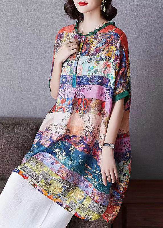 Women Colorblock Ruffled Print Patchwork Cotton Shirt Top Half Sleeve