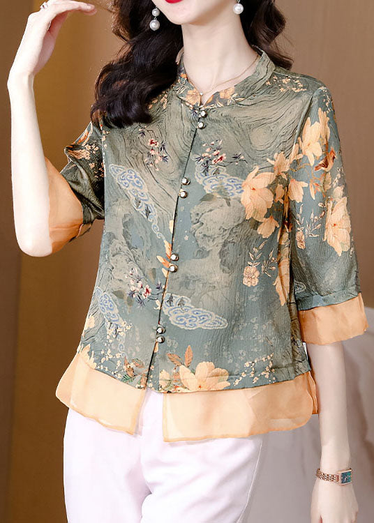 Women Colorblock Stand Collar Patchwork Print Silk Tops Summer