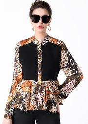 Women Colorblock Stand Collar Ruffled Print Patchwork Silk Shirts Spring