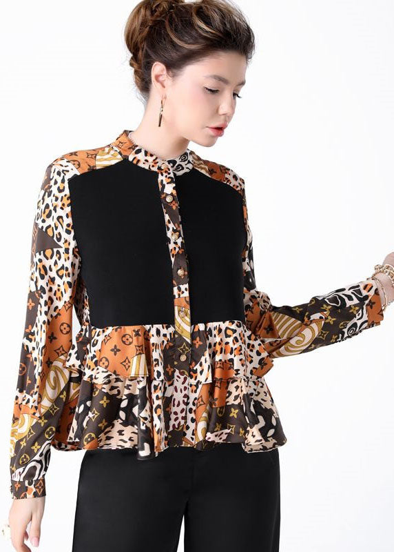 Women Colorblock Stand Collar Ruffled Print Patchwork Silk Shirts Spring