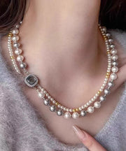 Women Colorblock Sterling Silver Zircon Double Layer Pearl Square Gratuated Bead Necklace