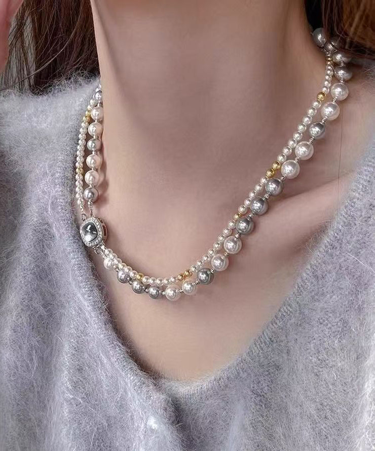 Women Colorblock Sterling Silver Zircon Double Layer Pearl Square Gratuated Bead Necklace