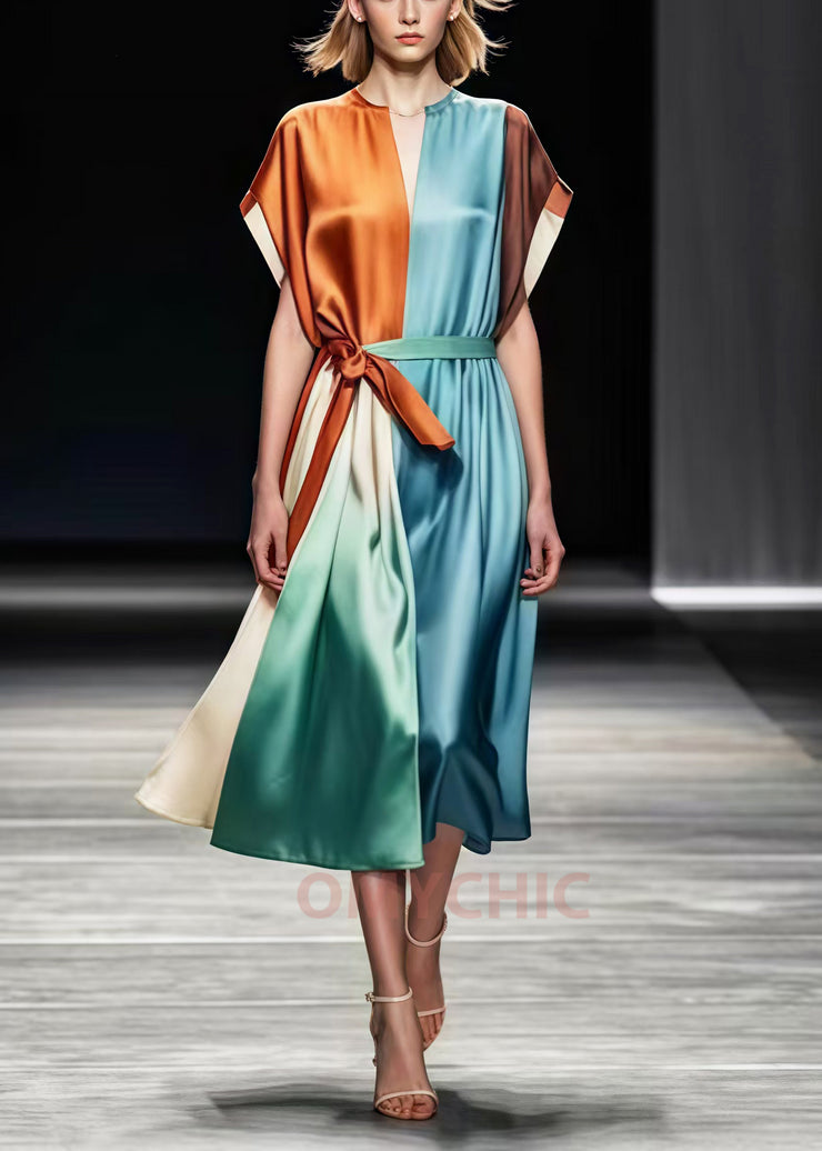 Women Colorblock Tie Waist Patchwork Silk Vacation Dresses Summer