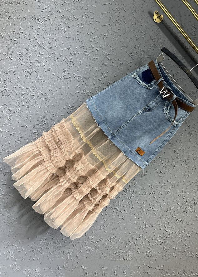 Women Colorblock Tulle Ruffled Pockets Patchwork Denim Skirt Fall