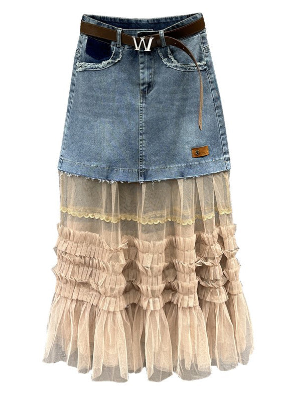 Women Colorblock Tulle Ruffled Pockets Patchwork Denim Skirt Fall