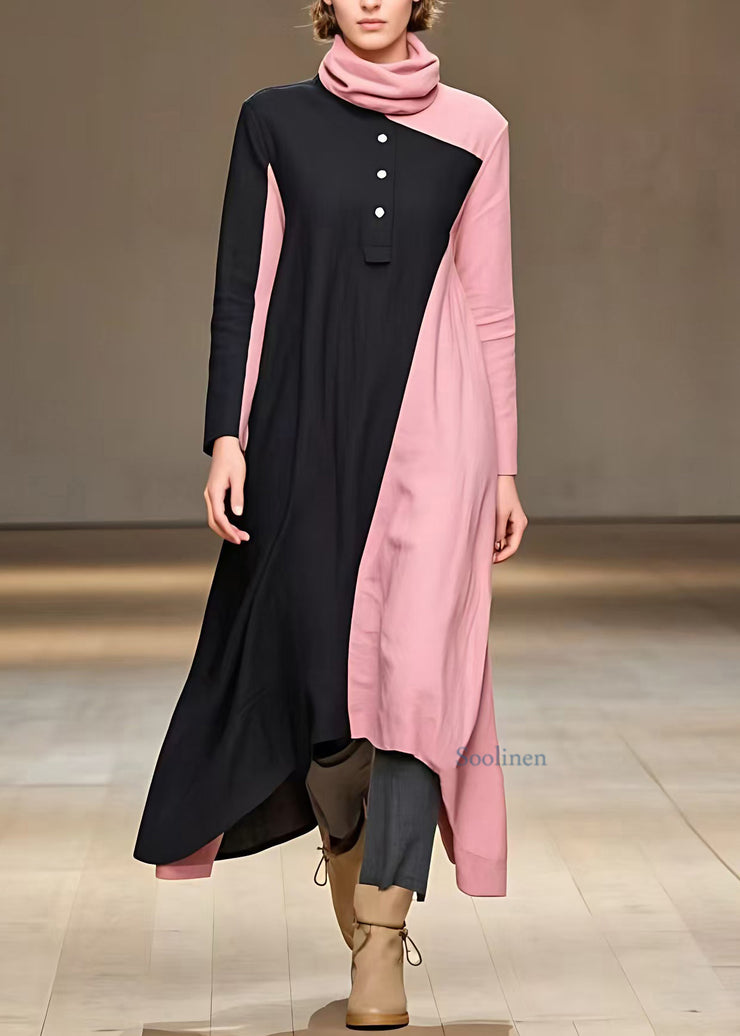 Women Colorblock Turtleneck Patchwork Button Long Dress Fall