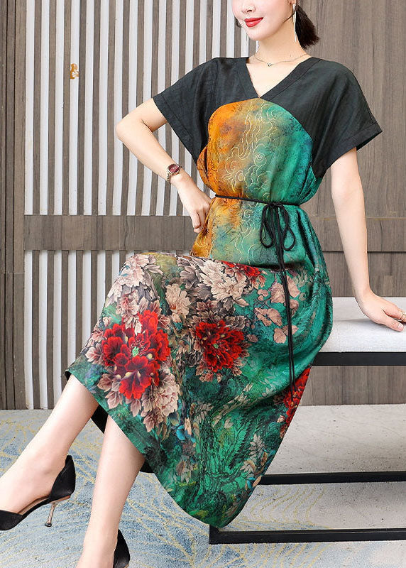 Women Colorblock V Neck Patchwork Floral Silk Dress Summer