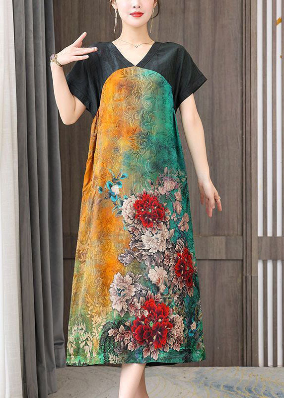 Women Colorblock V Neck Patchwork Floral Silk Dress Summer