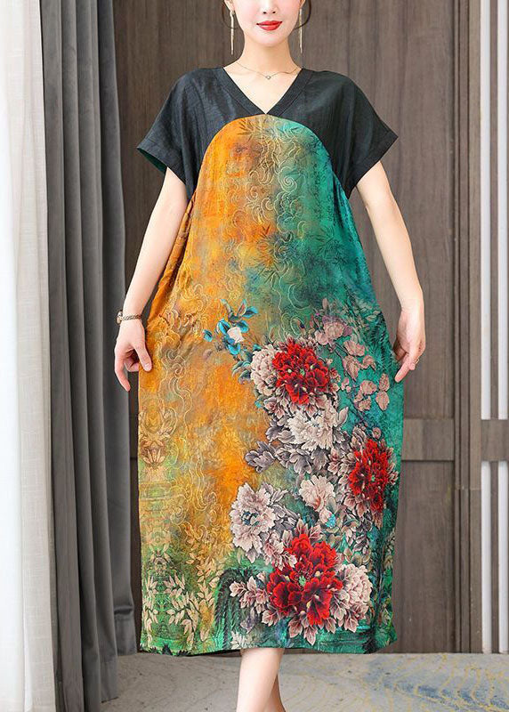 Women Colorblock V Neck Patchwork Floral Silk Dress Summer