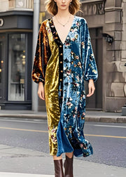 Women Colorblock V Neck Patchwork Golden Button Silk Velvet Dresses Spring