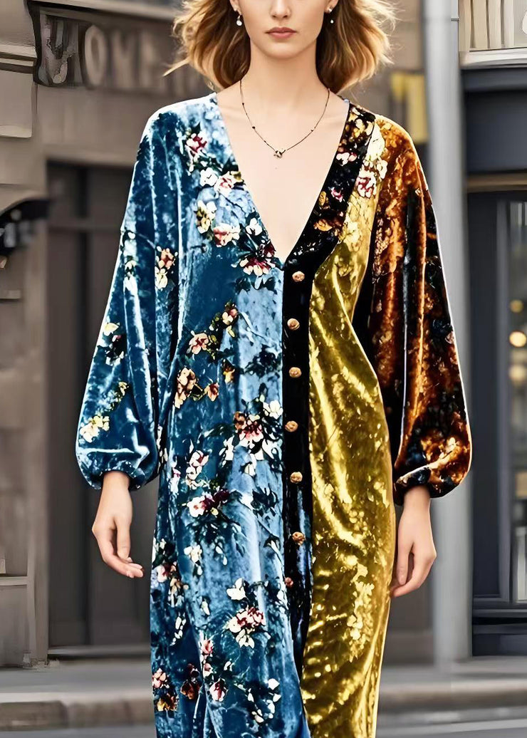 Women Colorblock V Neck Patchwork Golden Button Silk Velvet Dresses Spring