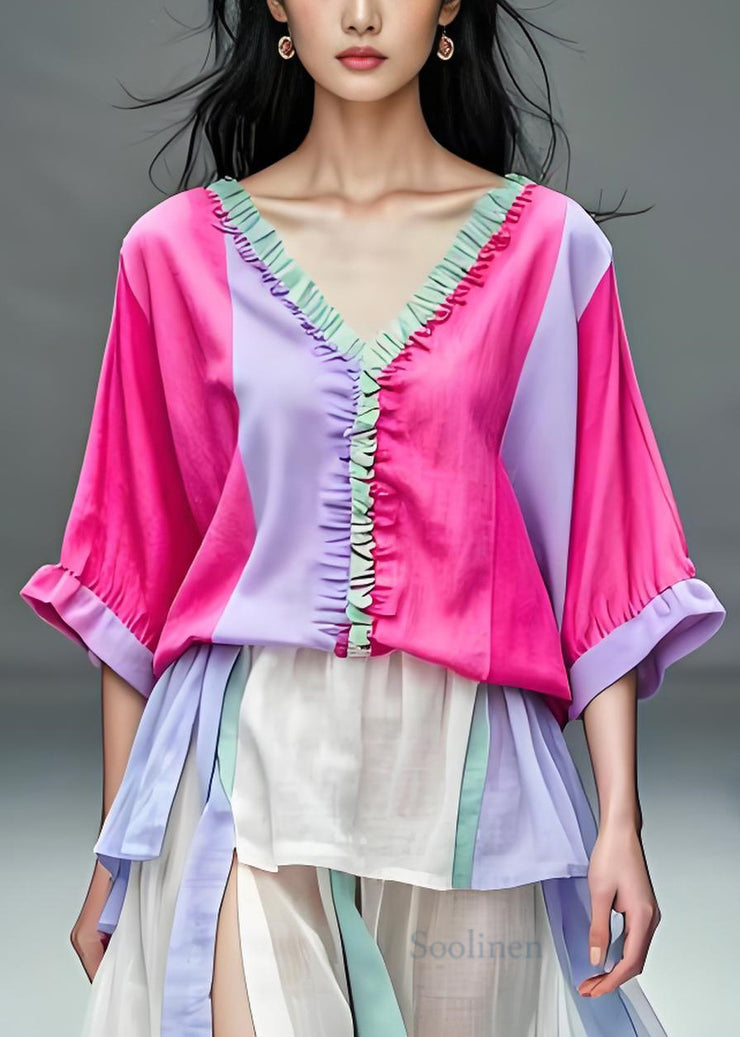 Women Colorblock V Neck Ruffled Patchwork Cotton Top Summer