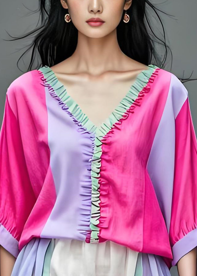 Women Colorblock V Neck Ruffled Patchwork Cotton Top Summer