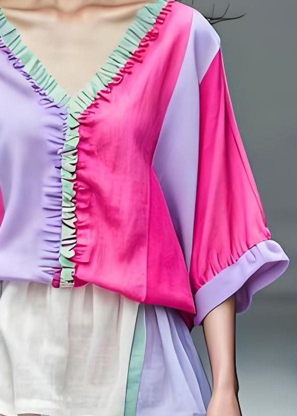 Women Colorblock V Neck Ruffled Patchwork Cotton Top Summer