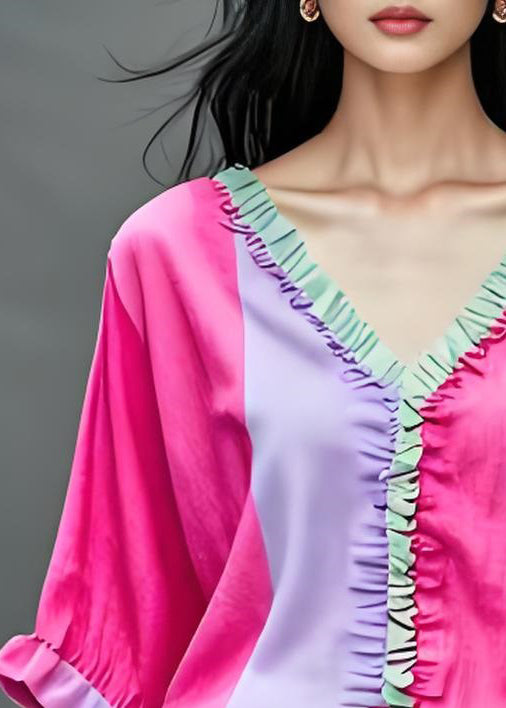 Women Colorblock V Neck Ruffled Patchwork Cotton Top Summer