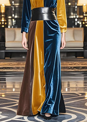 Women Colorblock V Neck Sashes Velvet Ankle Dress Fall