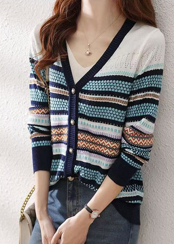 Women Colorblock V Neck Striped Patchwork Button Knit Cardigans Fall