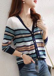 Women Colorblock V Neck Striped Patchwork Button Knit Cardigans Fall