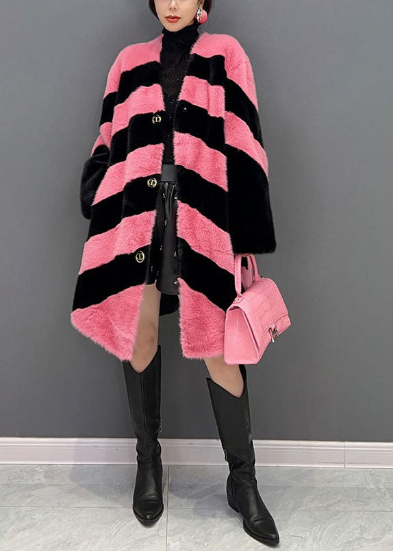 Women Colorblock V Neck Striped Thick Mink Velvet Coat Winter