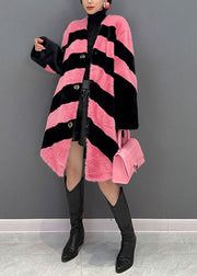 Women Colorblock V Neck Striped Thick Mink Velvet Coat Winter