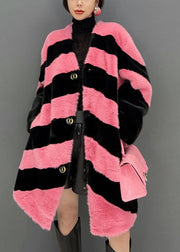 Women Colorblock V Neck Striped Thick Mink Velvet Coat Winter