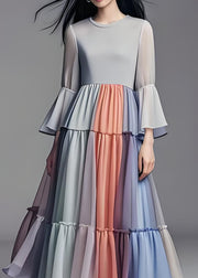 Women Colorblock Wrinkled Patchwork Chiffon Dress Flare Sleeve