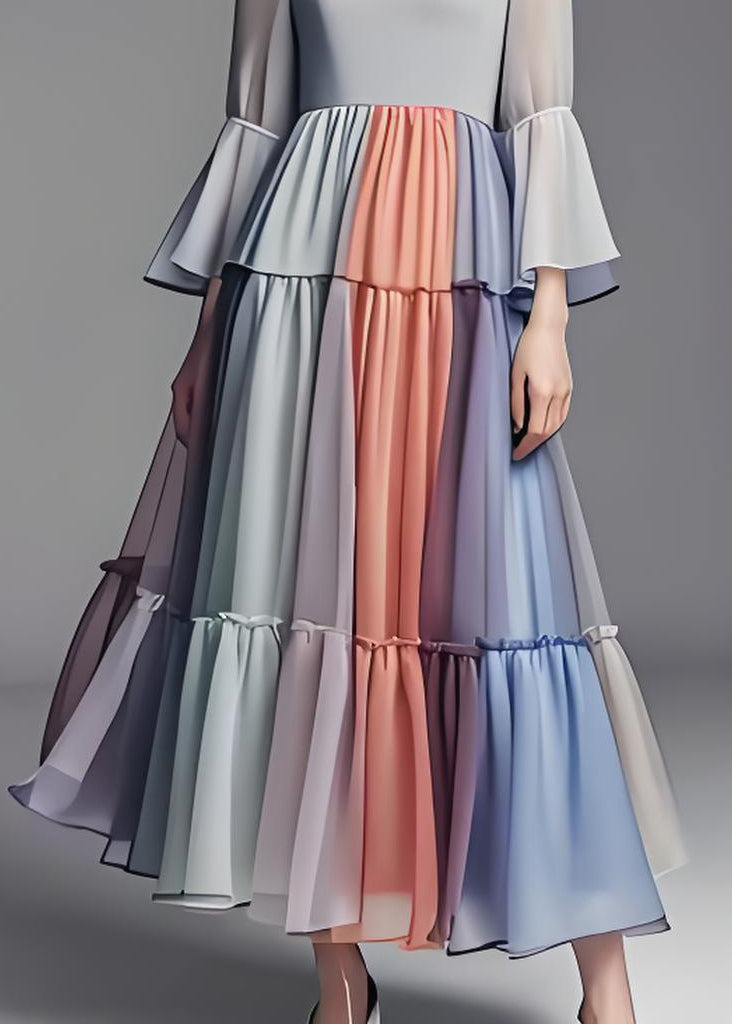 Women Colorblock Wrinkled Patchwork Chiffon Dress Flare Sleeve