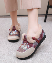 Women Comfy Embroidery Flat Feet Shoes Red Fuzzy Wool Lined