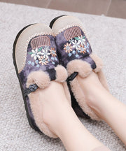 Women Comfy Embroidery Flat Feet Shoes Red Fuzzy Wool Lined