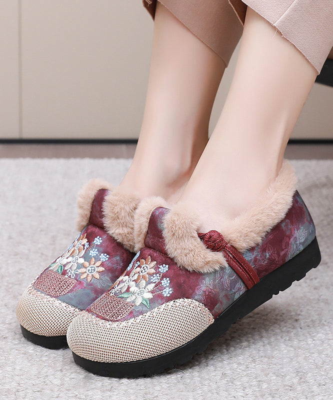 Women Comfy Embroidery Flat Feet Shoes Red Fuzzy Wool Lined