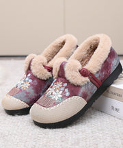 Women Comfy Embroidery Flat Feet Shoes Red Fuzzy Wool Lined