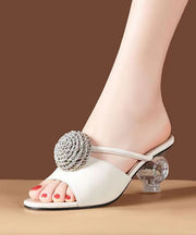 Women Crystal Chunky Heel Beige Slide Sandals Peep Toe