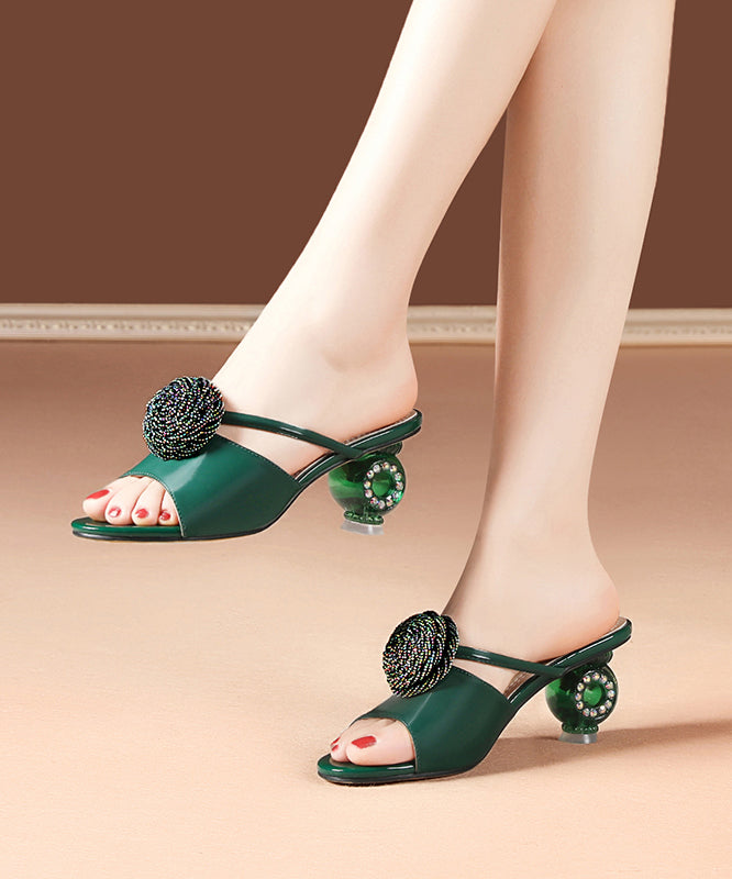 Women Crystal Chunky Heel Beige Slide Sandals Peep Toe