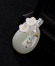 Women Cyan Sterling Silver Jade Water Drop Cherry Blossoms Pendant Necklace