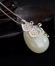 Women Cyan Sterling Silver Jade Water Drop Cherry Blossoms Pendant Necklace