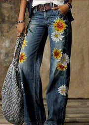 Women Daisy Print Pockets Patchwork Denim Straight Pants Spring