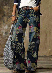 Women Daisy Print Pockets Patchwork Denim Straight Pants Spring