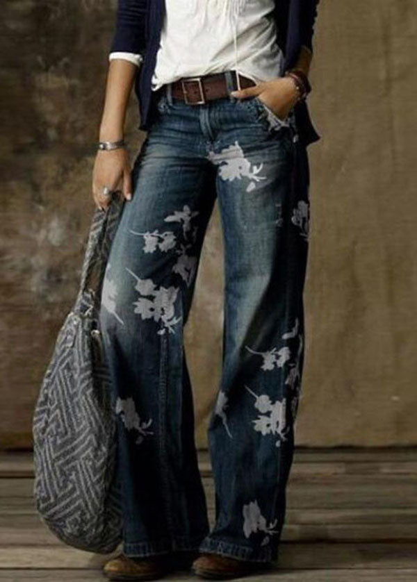 Women Daisy Print Pockets Patchwork Denim Straight Pants Spring