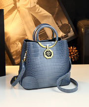 Women Dark Blue Large Capacity Calf Leather Tote Handbag