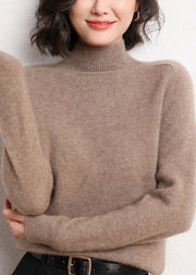 Women Dark Camel Turtleneck Solid Cashmer Sweaters Winter