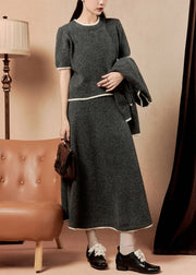 Women Dark Gray O Neck Button Knit Three Pieces Set Winter